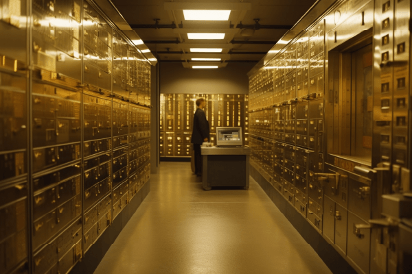 Technician monitoring systems inside a secure data center with rows of server cabinets