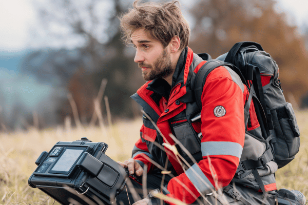 First responder using a rugged field communication device outdoors.
