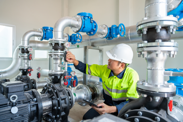 Engineer in a hard hat and high-visibility jacket inspecting industrial pipes, valves, and gauges in a mechanical facility.