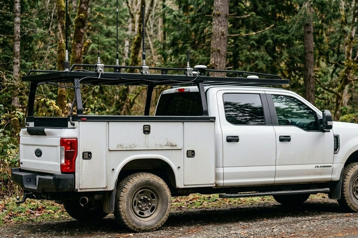 White utility service truck with multiple roof-mounted communications antennas parked in a forested field environment.