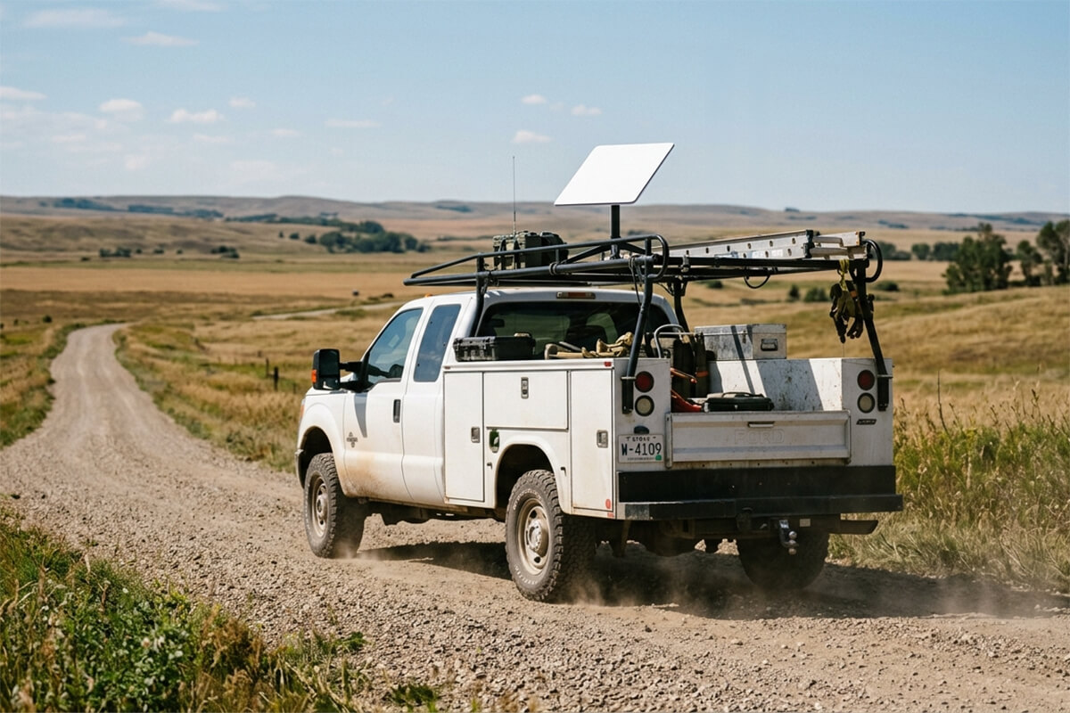 White utility service truck with a roof-mounted Starlink satellite antenna driving along a rural gravel road to provide remote field connectivity.