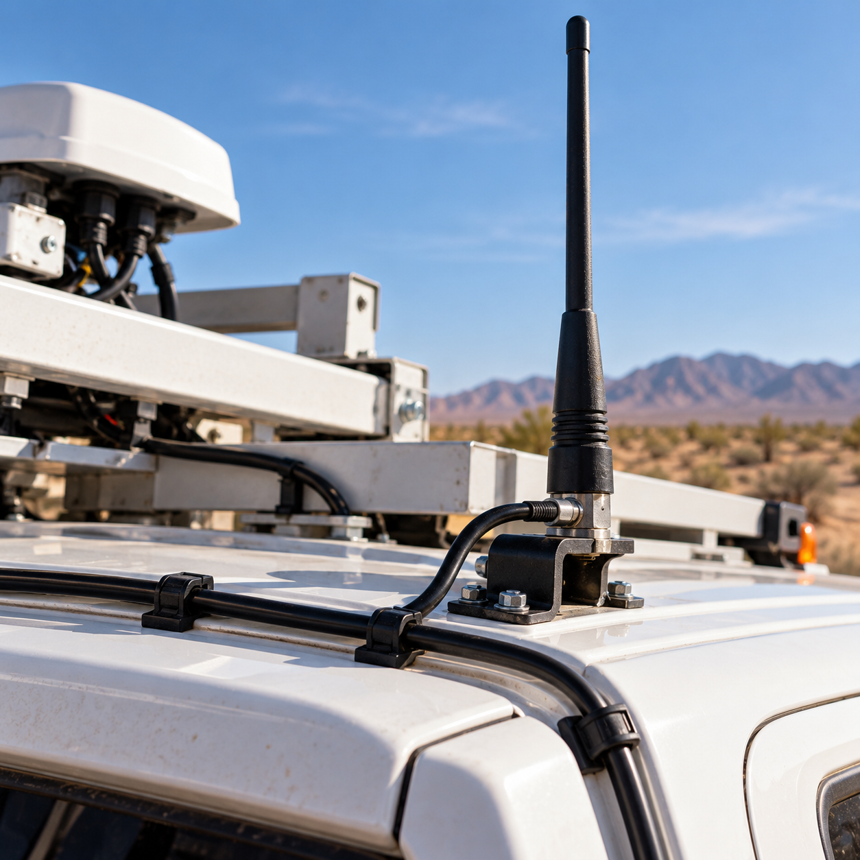 Multiple antennas mounted on the roof of a service vehicle
