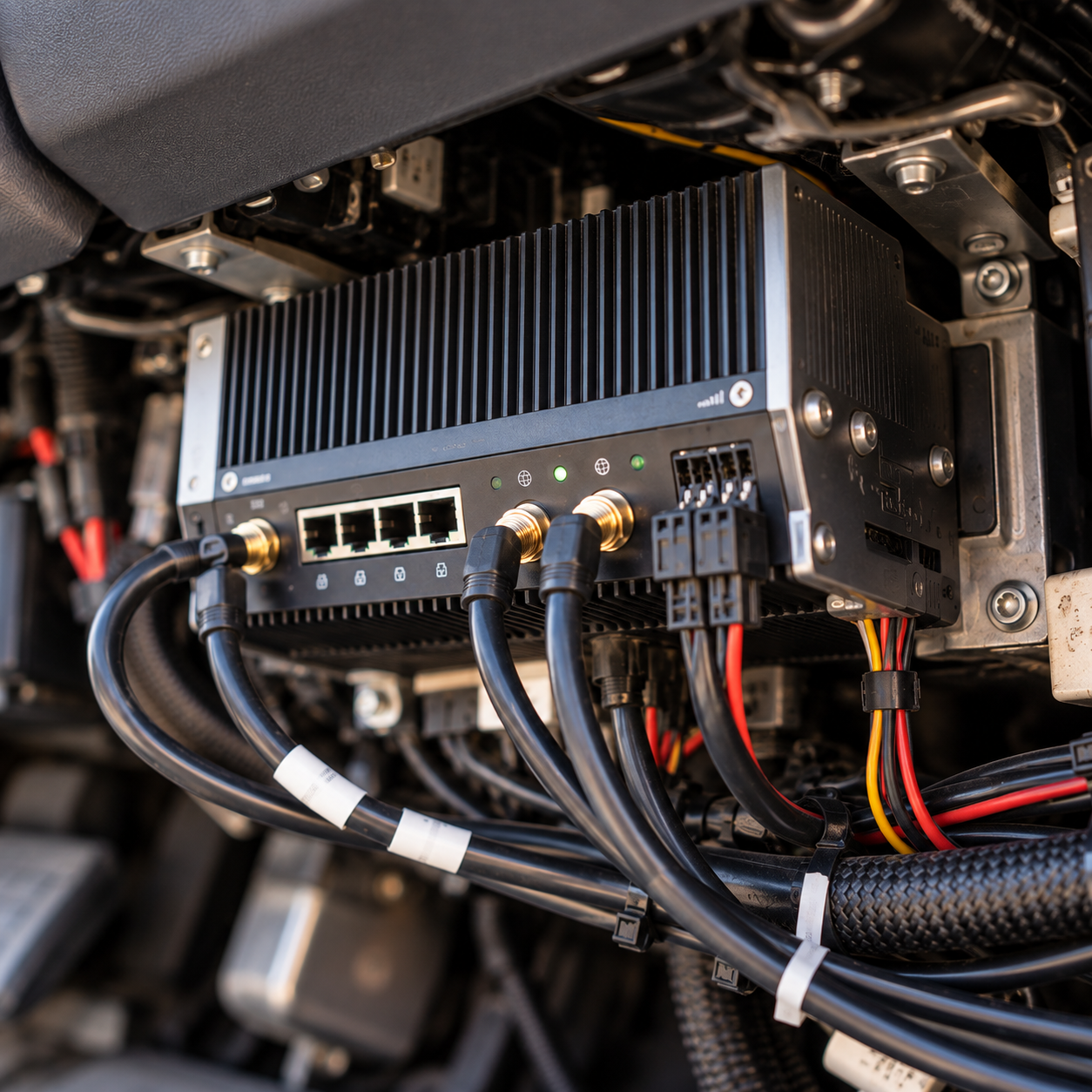 Vehicle-mounted communications equipment and connected cables in a crowded console
